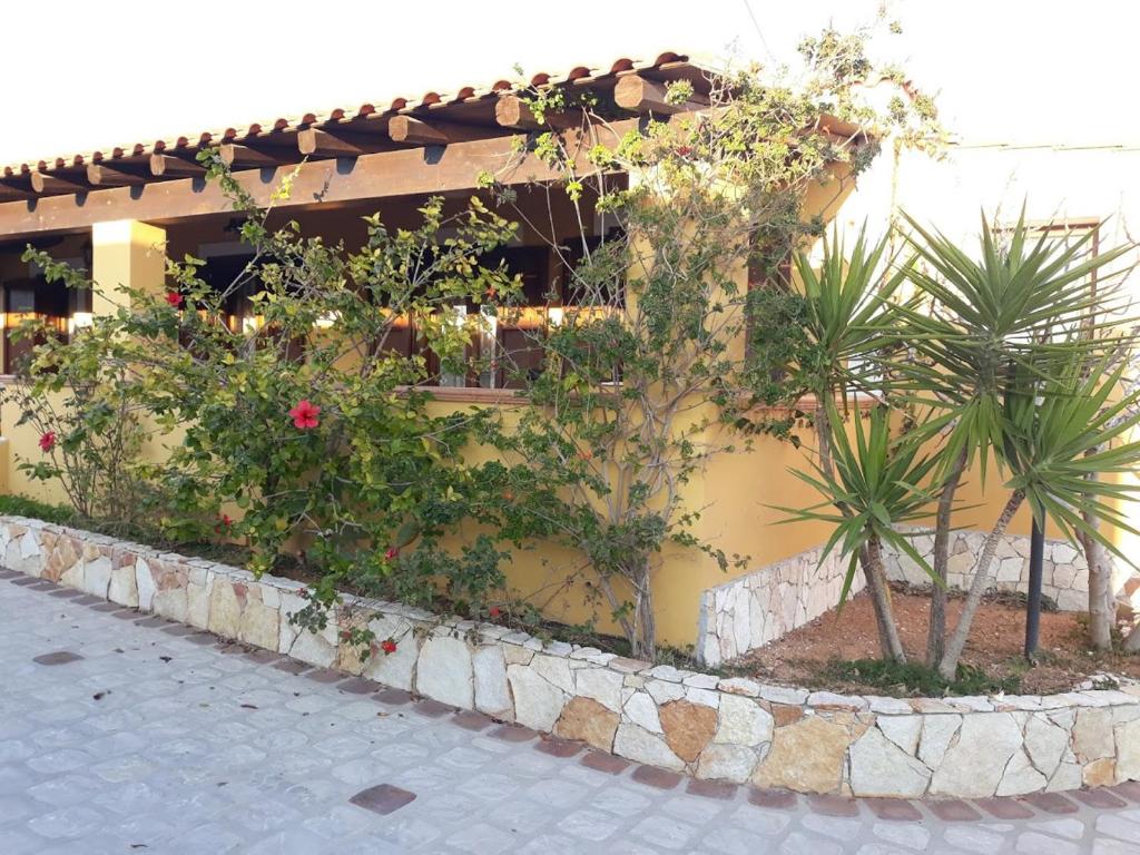 un edificio giallo con piante sul lato di Le casette di Simona a Lampedusa