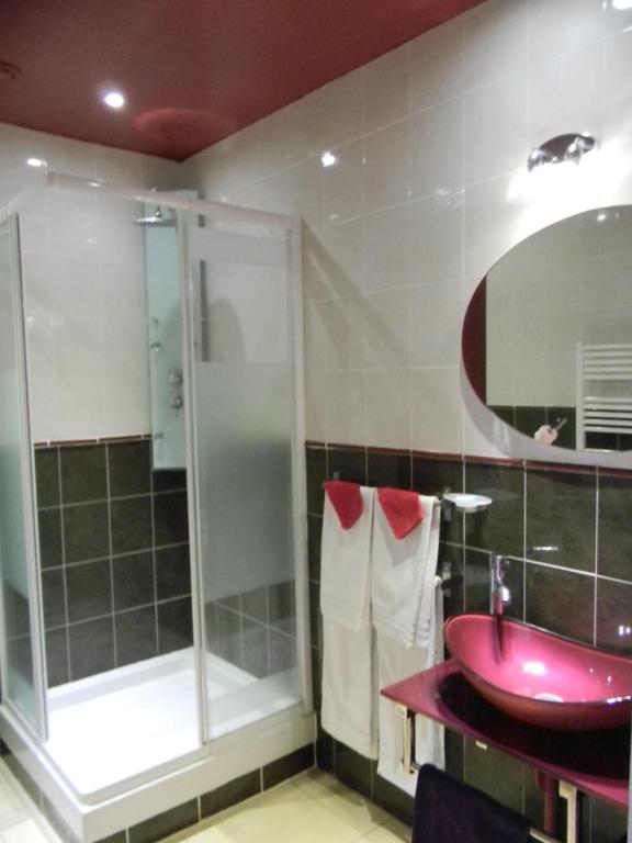 a bathroom with a pink sink and a shower at Le Logis d&#39;ANTIGNY in Val-du-Mignon