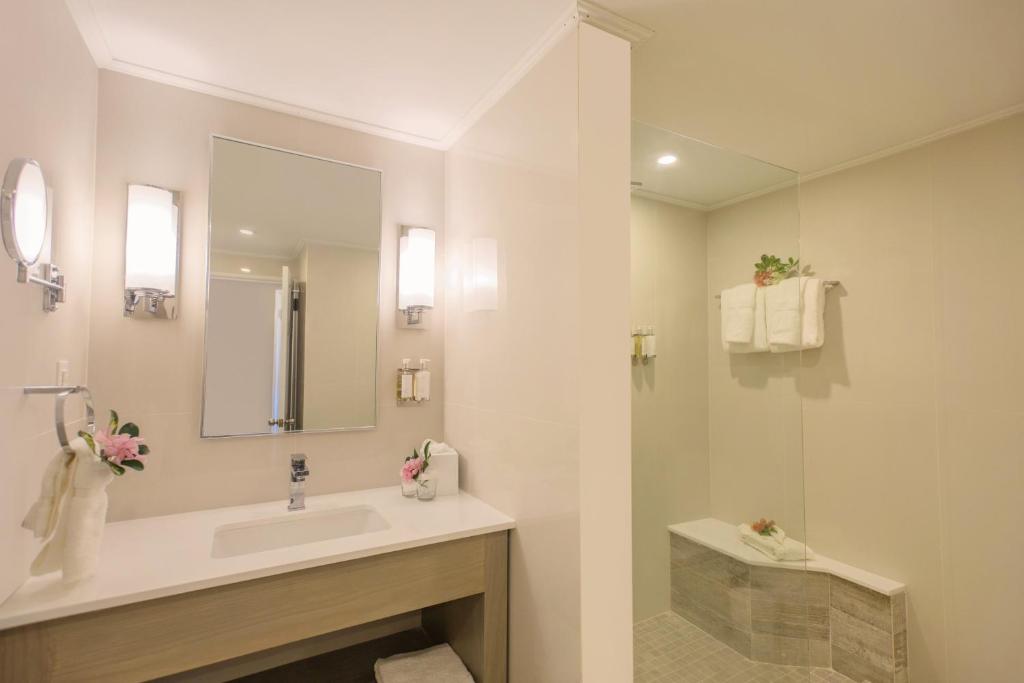 a bathroom with a sink and a mirror and a shower at Bougainvillea Barbados in Christ Church