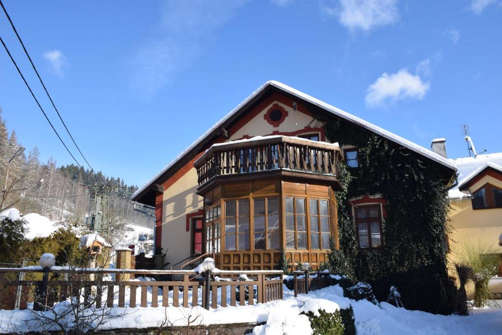 イレムニツェにあるU potoka Cedronuの雪の中のバルコニー付きの家