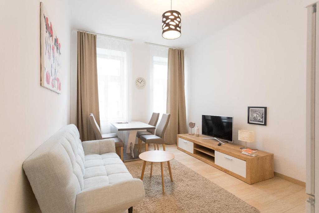 維也納的住宿－維也納公寓，客厅配有沙发、椅子和电视