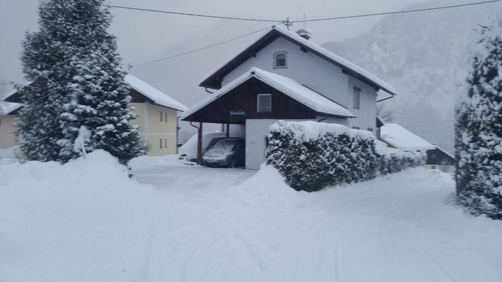 une maison recouverte de neige devant une cour dans l'établissement Ferienhaus-Cerny, à Bad Goisern