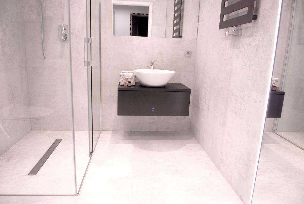 ルブリンにあるDr Mandryk HOUSEのバスルーム(洗面台、ガラス張りのシャワー付)