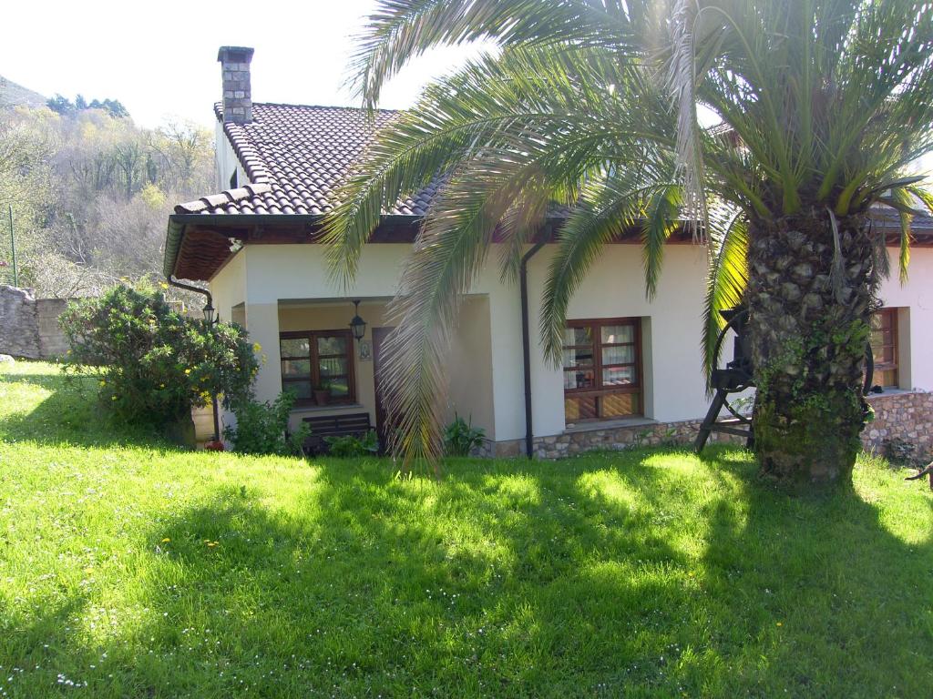 a house with a palm tree in front of it at Posada El Pareón in Sirviella
