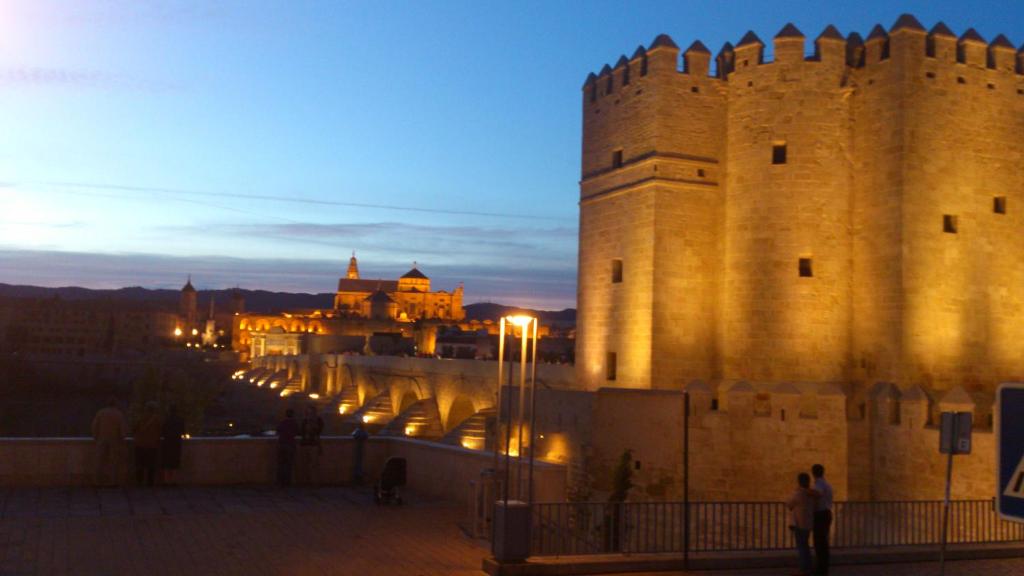 un castillo de noche con gente parada frente a él en DS Apartamento Mezquita con cochera, en Córdoba