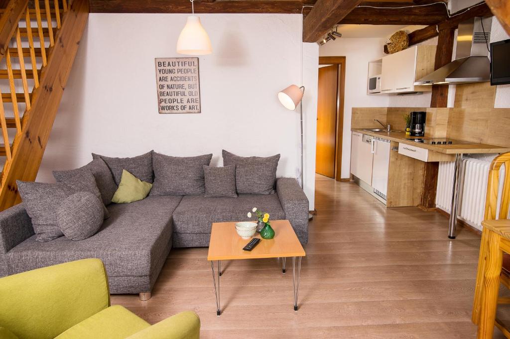 ein Wohnzimmer mit einem Sofa und einem Tisch in der Unterkunft Thomasmühle Ferienwohnungen in Leutershausen