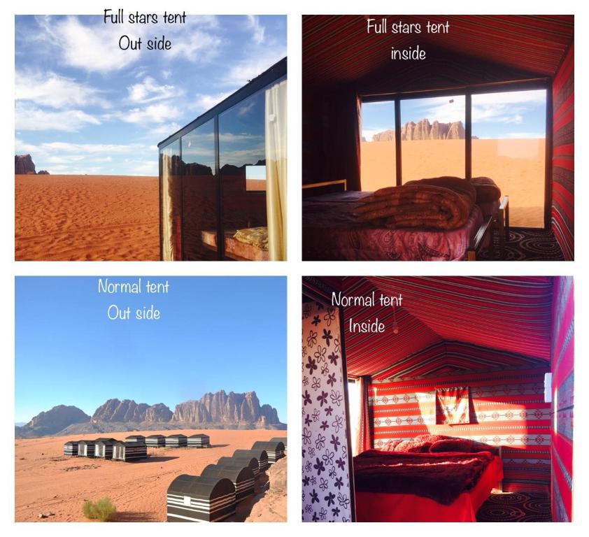 four different pictures of a room in the desert at Wadi Rum Starlight Camp in Wadi Rum