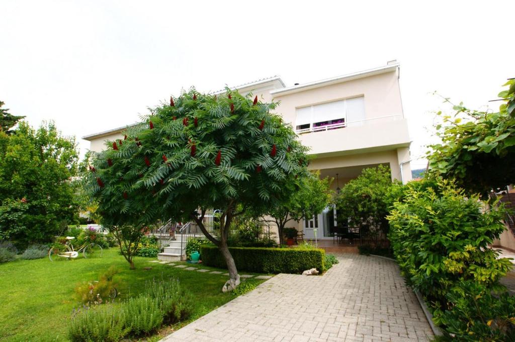 uma árvore em frente a uma casa com um passeio em Apartment Radunić em Kaštela