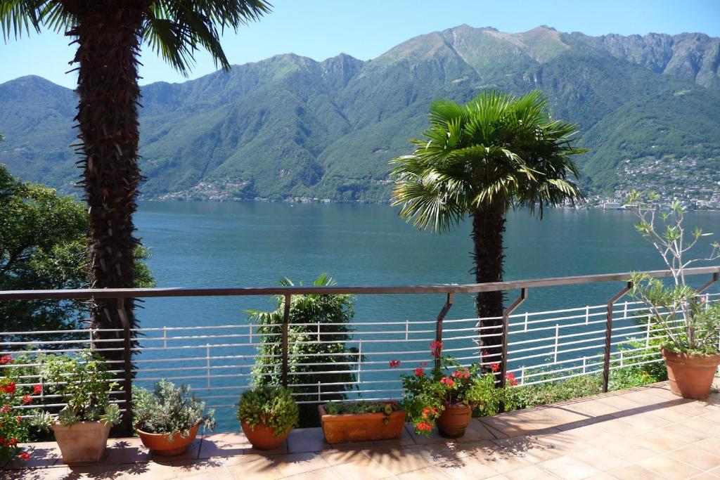 een balkon met palmbomen en uitzicht op een meer bij Casa Roccia in Pino Lago Maggiore
