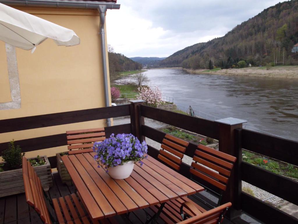 a wooden bench with a flower pot on a balcony overlooking a river at Ferien im Denkmal an der Elbe in Stadt Wehlen