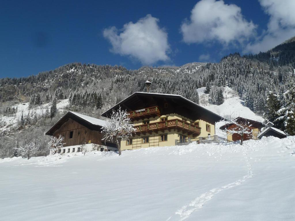 a building covered in snow in front of a mountain at Rainerhof in Dorfgastein