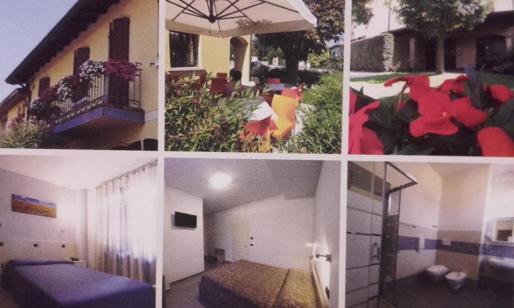 een collage van foto's van een huis met een bed en bloemen bij La Vecchia Tramvia in Castiglione delle Stiviere