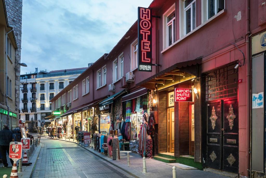 a street with shops on the side of a building at Erenler HoTeL & HosTeL in Istanbul