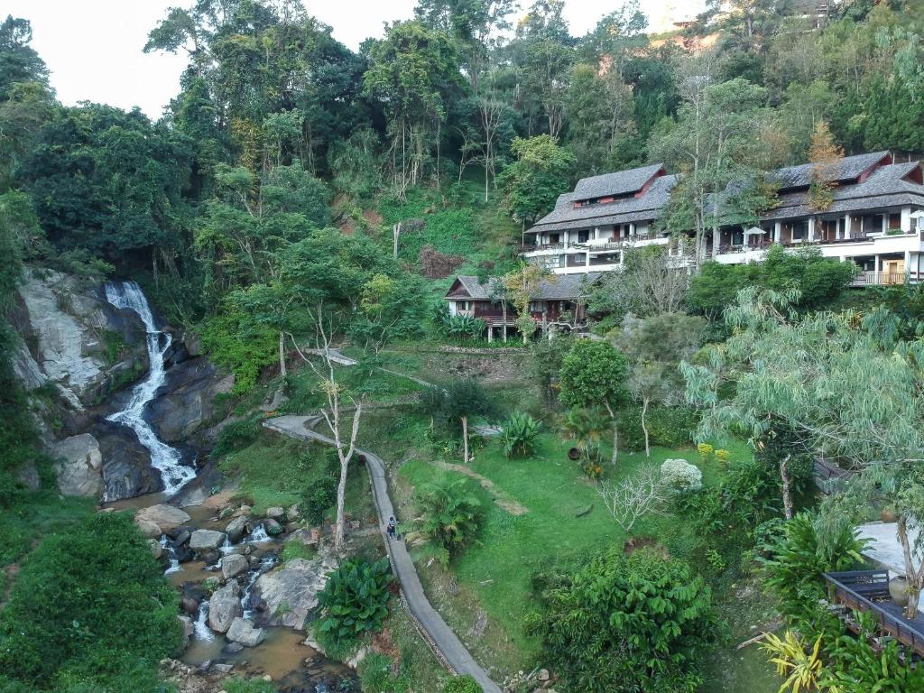 an aerial view of a resort and a river at Kangsadarn Resort and Waterfall in Pong Yaeng
