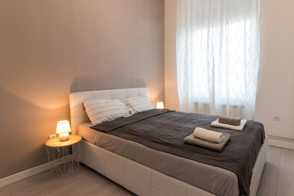 een slaapkamer met een groot bed met 2 kussens erop bij Comfortable & Lovely apartment in Belgrado