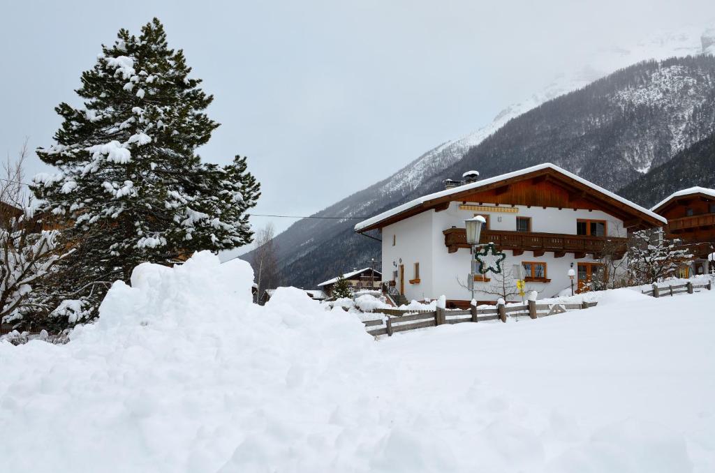 ein schneebedecktes Haus mit einem Baum davor in der Unterkunft Ferienwohnung Haas Maria in Neustift im Stubaital
