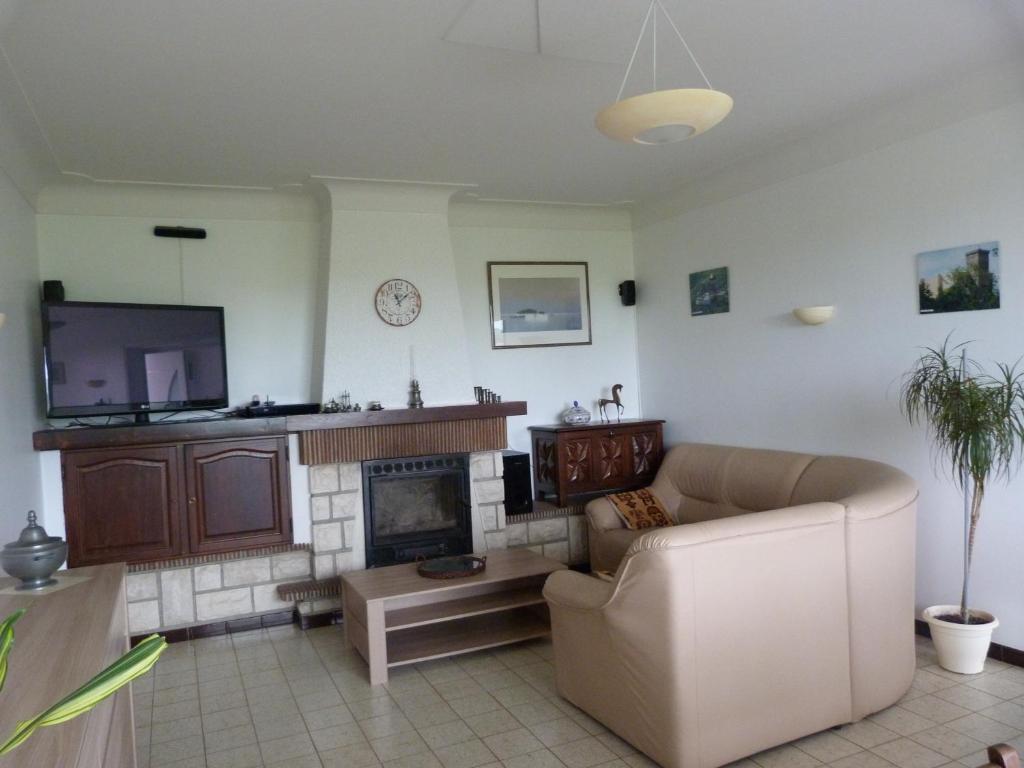 a living room with a couch and a fireplace at Gite La Rizière in Vic-en-Bigorre