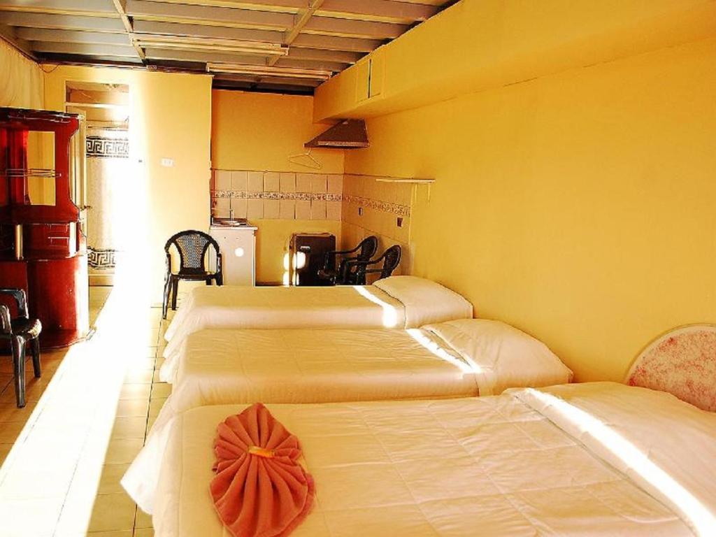 two beds in a room with yellow walls at Hotel Rozal Spa Iquique in Iquique