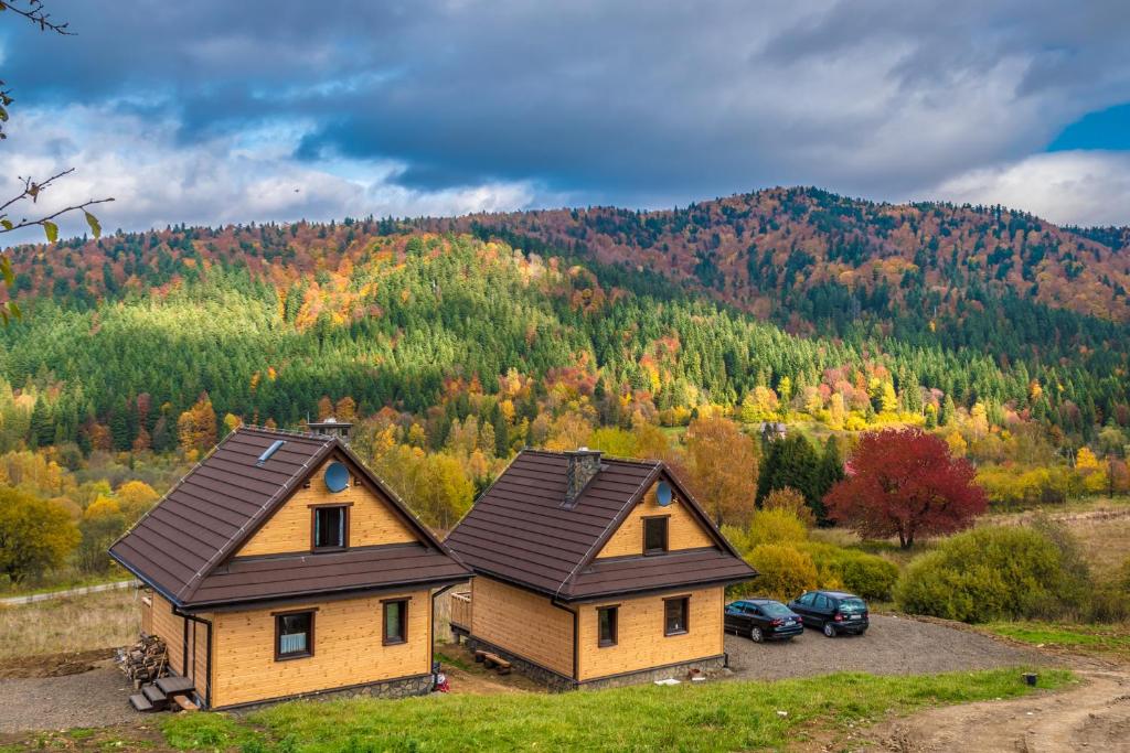 an aerial view of a house in the mountains at Krzywy Zakątek in Cisna