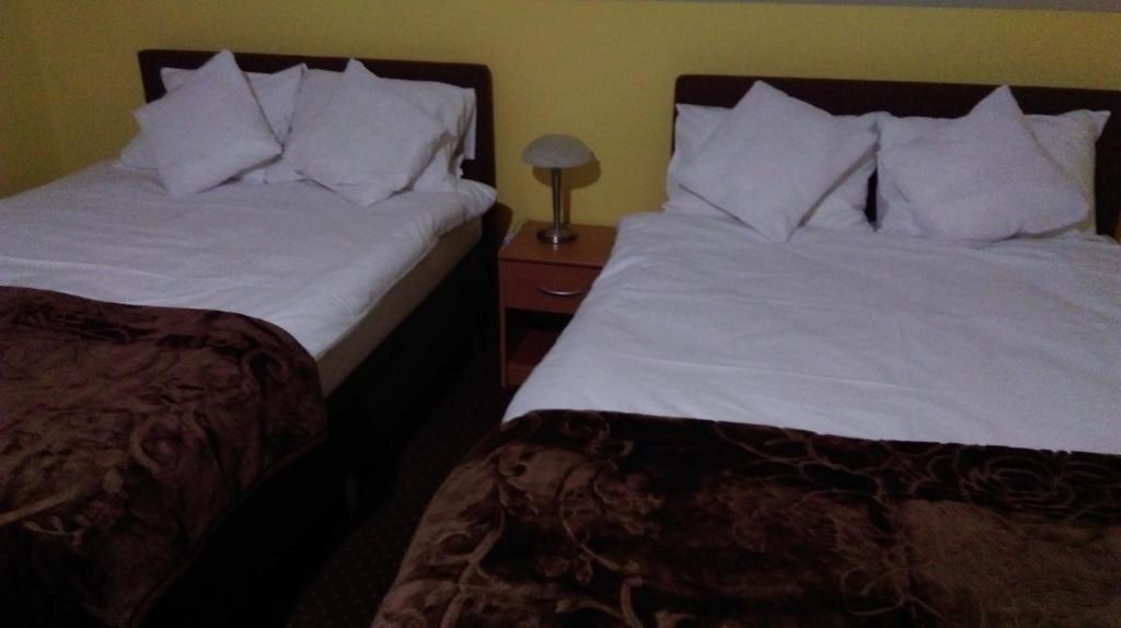 2 Betten nebeneinander in einem Zimmer in der Unterkunft Pod Lwami in Błonie