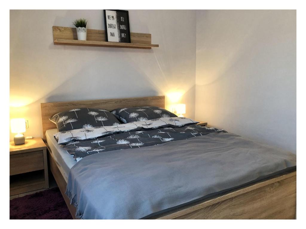 1 cama en un dormitorio con 2 almohadas en Apartament przy Ratuszu, en Rzeszów