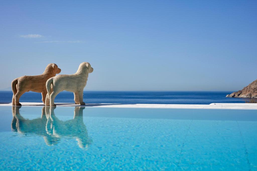 two poodles standing on a beach near the ocean at Royal Myconian - Leading Hotels of the World in Elia Beach