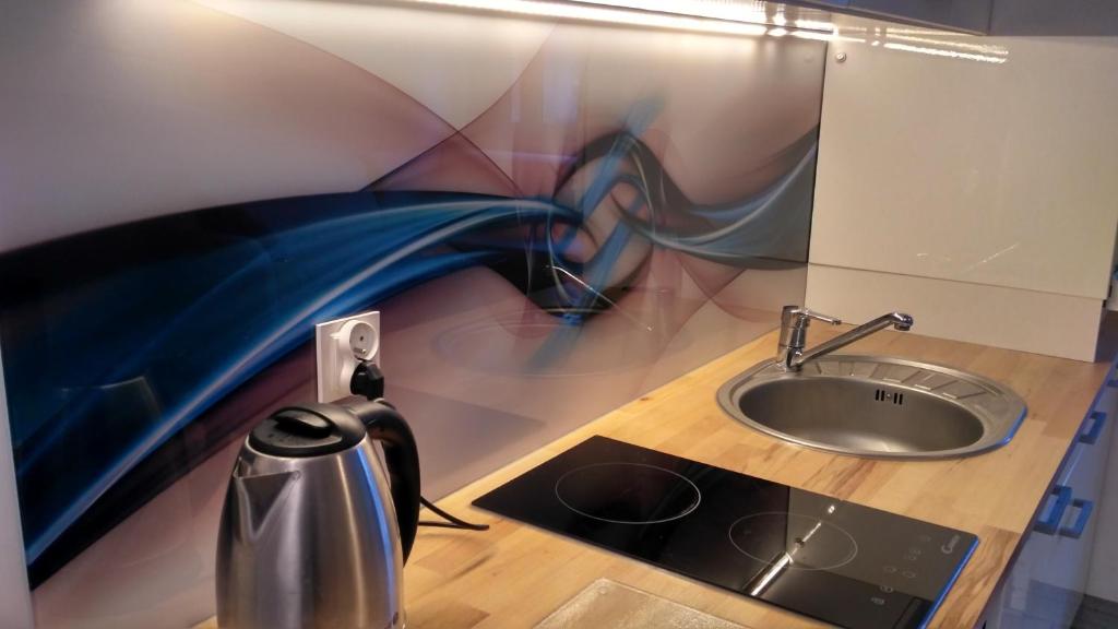 kuchnia ze zlewem i blatem z garnkiem na kuchence w obiekcie Apartament Turkusowy w Szczecinie