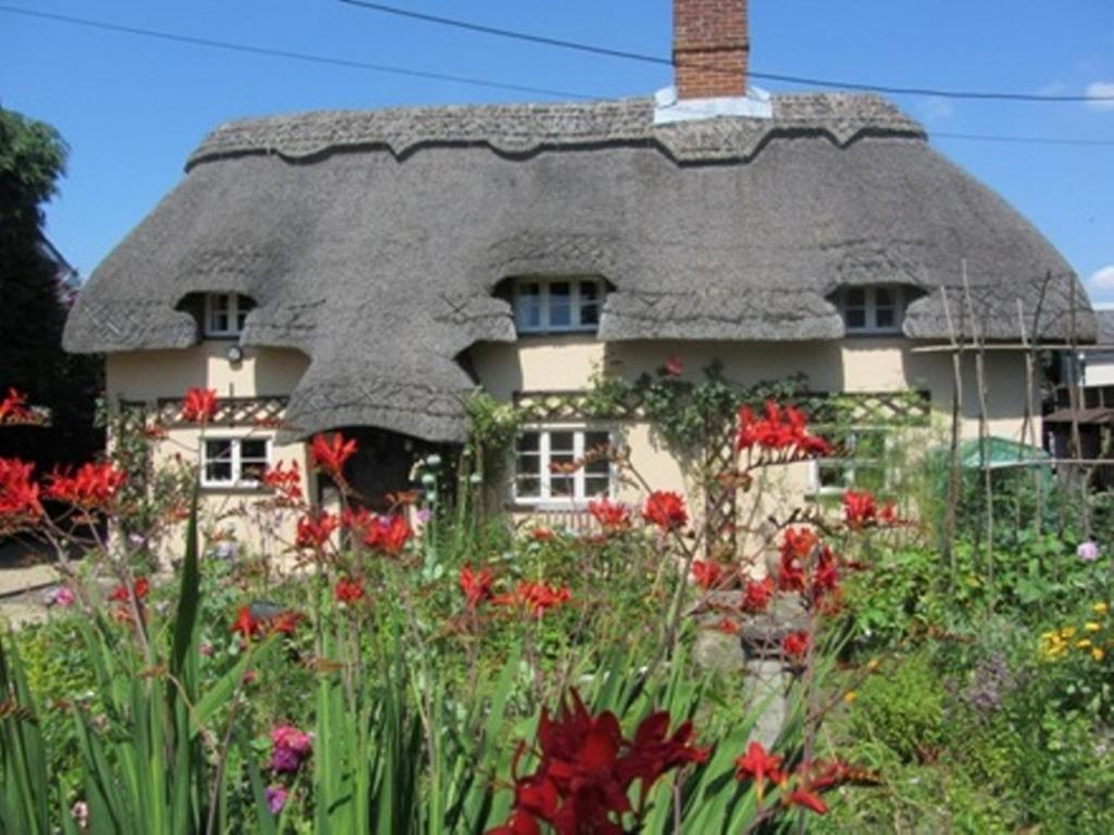 a house with a thatched roof with flowers in front at The Stable in Eastleigh