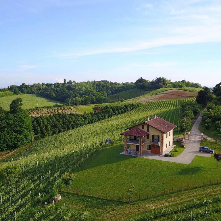 an aerial view of a vineyard with a house at Ca' Colomba in San Damiano dʼAsti