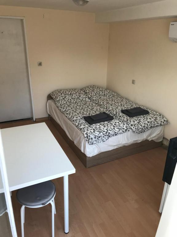 a bedroom with a bed and a table and a chair at City Hostel Sofia in Sofia