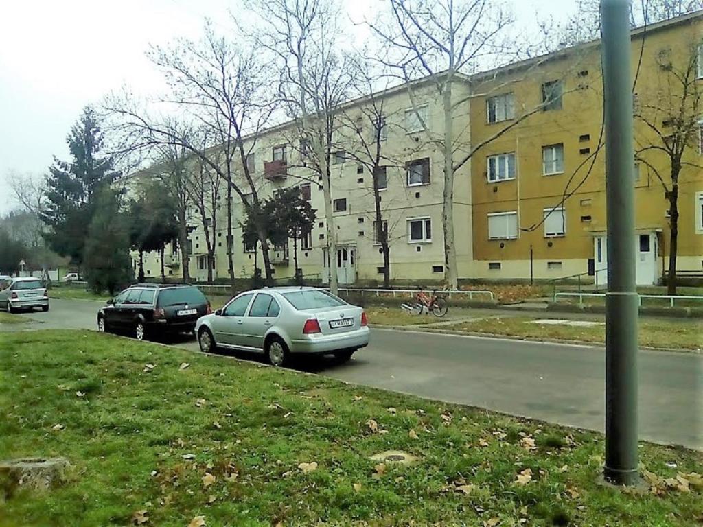 twee auto's geparkeerd op een straat voor een gebouw bij Fészek Apartman in Békéscsaba
