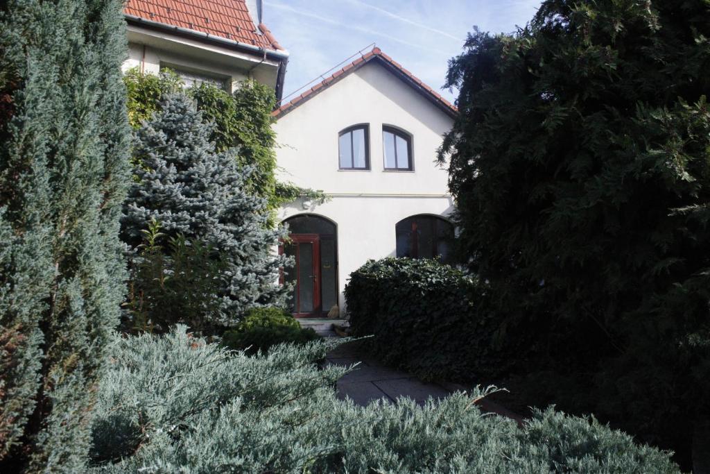una casa blanca rodeada de árboles y arbustos en The Zen Hostel - Posticum, en Oradea