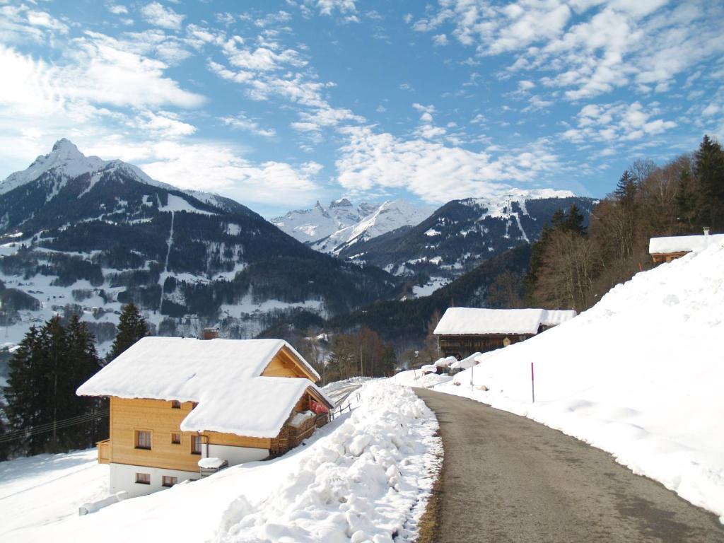 una casa en una carretera nevada con montañas cubiertas de nieve en Haus grüner Wald, en Bartholomäberg