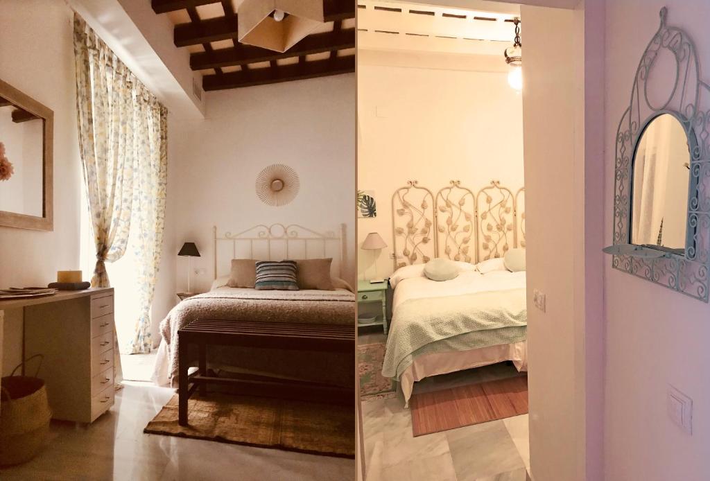 two pictures of a bedroom with a bed and a mirror at Casa Buleria in Jerez de la Frontera