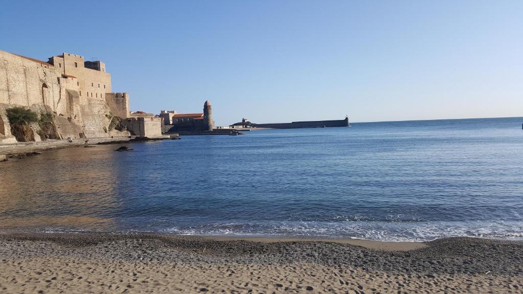 a beach next to the ocean with a building at 4SAP22 Appartement climatisé avec double terrasses in Collioure