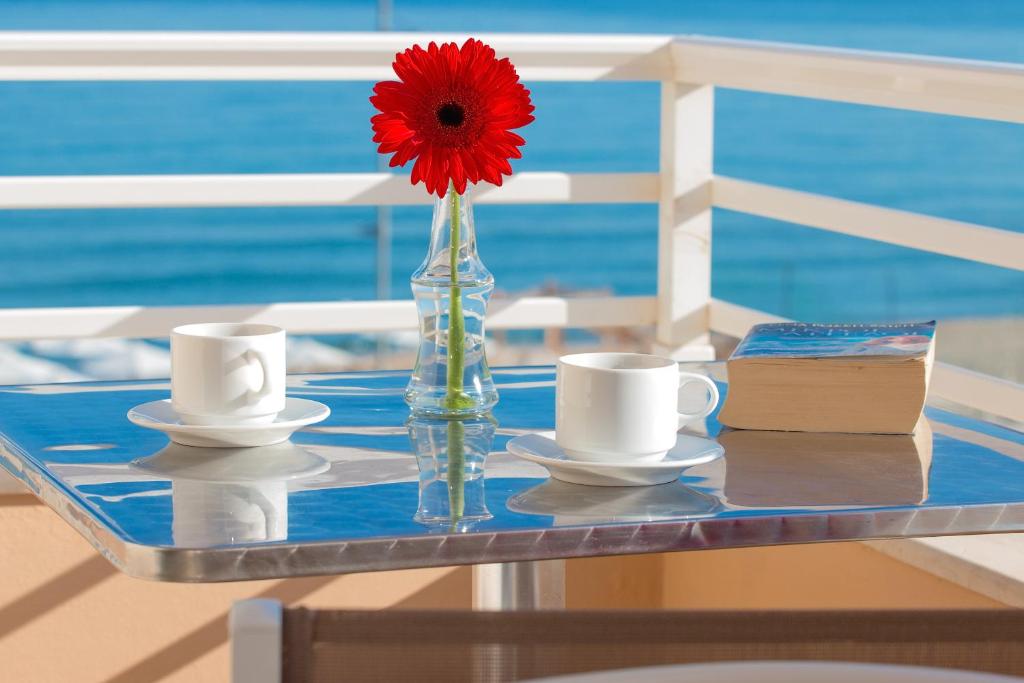 a vase with a red flower sitting on a table at Sunny Beach Apartments in Rethymno Town