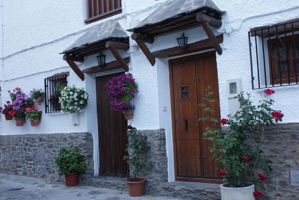 a white building with potted plants and a wooden door at Casa De La Ermita in Bubión