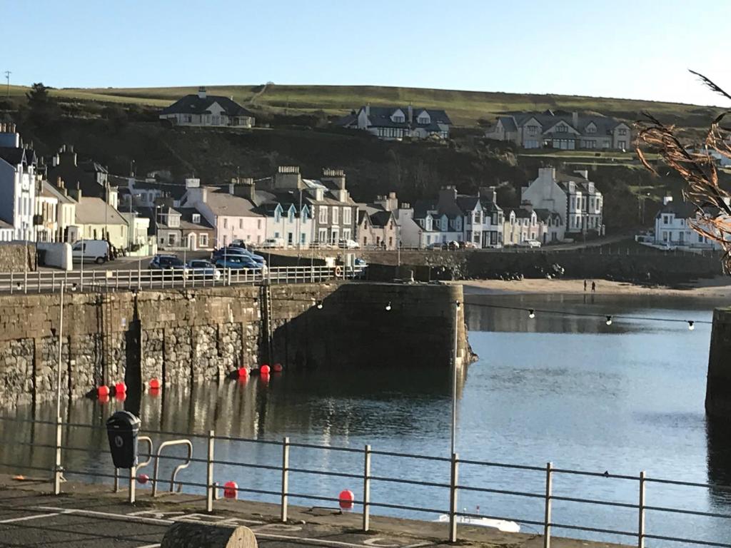a town with houses on a hill next to a body of water at No 4 Portpatrick B&B in Portpatrick