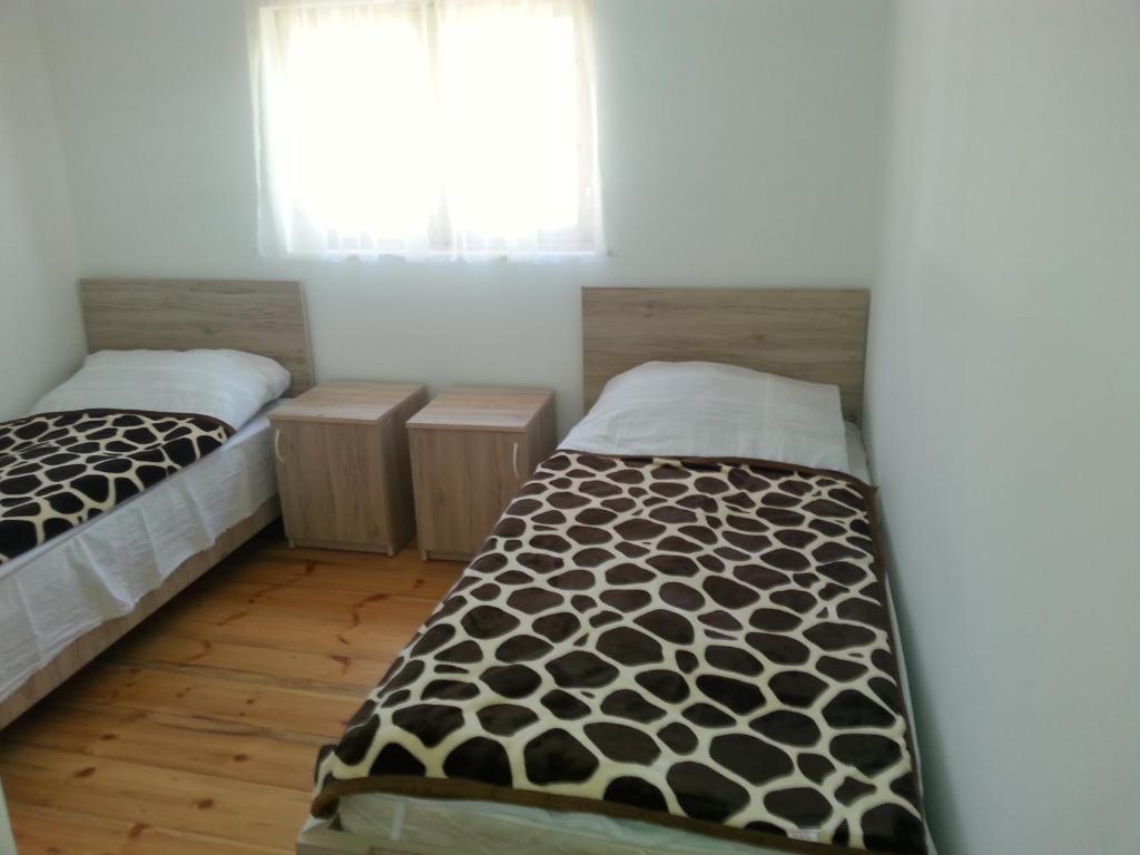 a bedroom with two beds and a window at Guest House ALUDA in Omalo