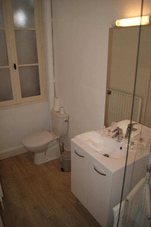 La salle de bains blanche est pourvue de toilettes et d'un lavabo. dans l'établissement Le Lurton, à Château-Renault