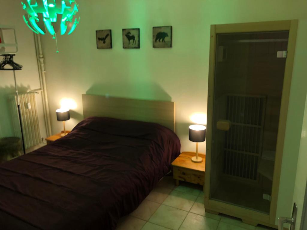 una camera con un letto e due lampade sui tavoli di Appartements le Verlaine a Rombas