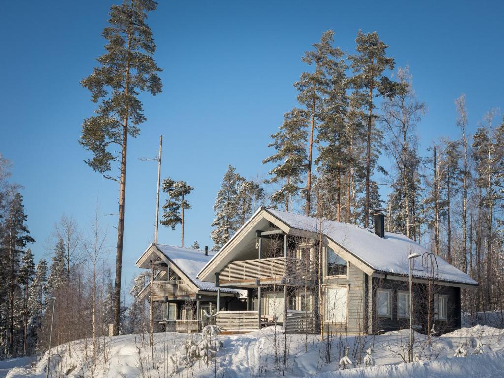 a house in the snow with trees in the background at Pyry ja Tuisku Cottages in Muurame