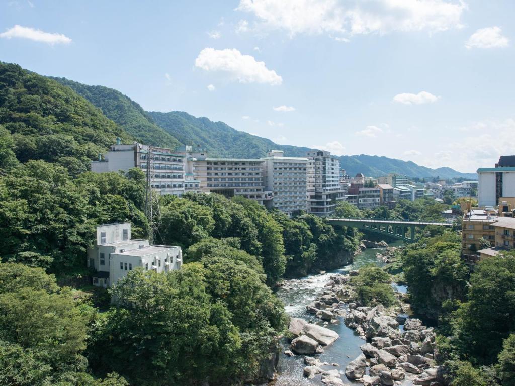 um rio numa cidade com edifícios e árvores em Monogusa no Yado Hanasenkyo em Nikko