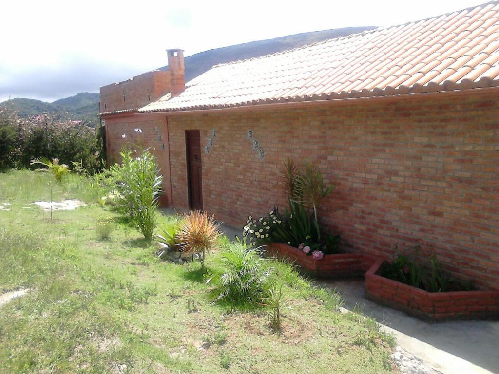 a brick house with plants in front of it at Casa em Conceição de Ibitipoca in Conceição da Ibitipoca