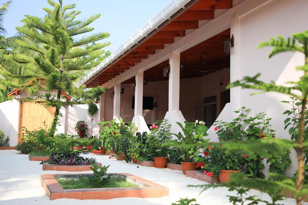 un bâtiment avec des plantes en pot sur son côté dans l'établissement Evila Inn - Thoddoo, à Thoddoo