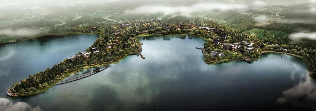 an island in the middle of a body of water at Jinshuo Holiday Hotel in Mianyang
