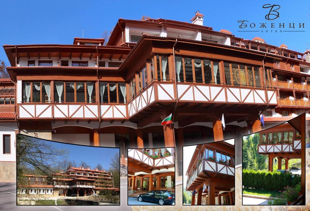 um grande edifício de madeira com uma varanda em Hotel Bozhentsi em Chernevtsi