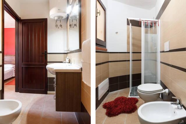 2 immagini di un bagno con servizi igienici e lavandino di bbmaredellestelle a Torre delle Stelle