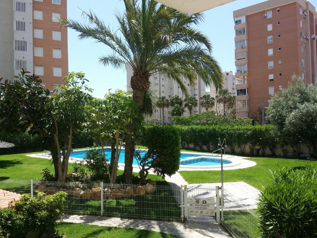 a view of a park with a swimming pool and palm trees at Parkview near beach in Alicante