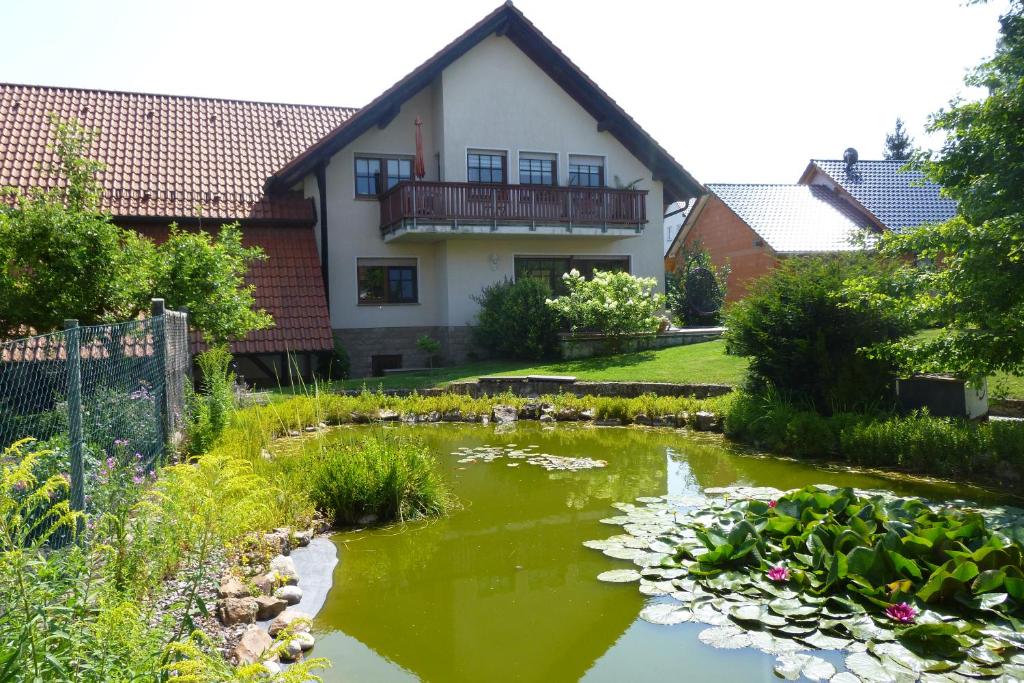 a garden with a pond with lilies in front of a house at Fewo-Kleinschwabhausen in Kleinschwabhausen